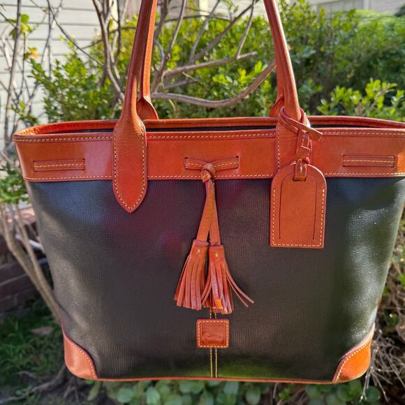 Dooney & Bourke Saffiano Leather Tassle Tote Bag — Black & Natural Trim - Picture 16 of 16